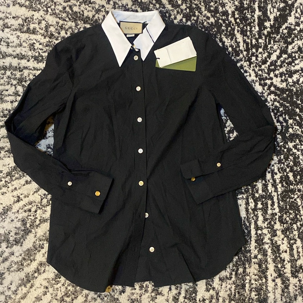Gucci Popeline Micro Sand Shirt black with white collar